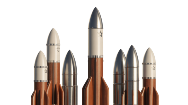 A striking line-up of stylized rockets, featuring metallic noses, white bodies, and wooden fins, standing against a solid green backdrop. background removed