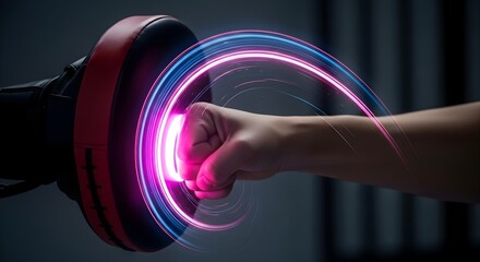 Fist striking a focus mitt with vibrant neon light trail energy