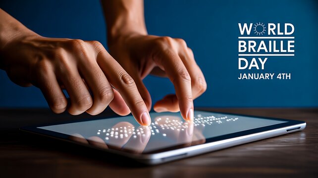 Hands Reading Digital Braille on Tablet for World Braille Day Awareness
