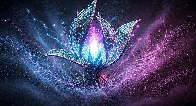 Glowing futuristic digital flower with energetic light streams - Powered by Adobe