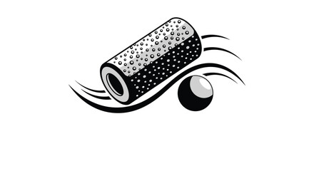 Abstract monochrome illustration with cylinder and sphere shapes, flowing lines conveying movement and dimension in a modern, minimalist style