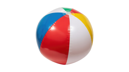 A vibrant, vertically oriented inflatable beach ball with blue, red, white, yellow, and green stripes on a solid transparent background. background removed