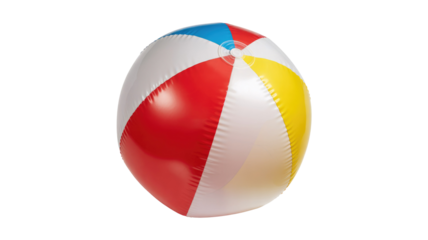 A vibrant, inflatable beach ball featuring classic red, white, blue, and yellow panels, perfect for summer fun and water activities. background removed