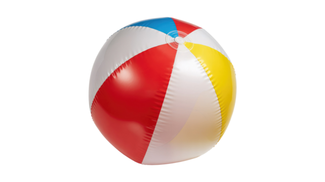 A vibrant, inflatable beach ball featuring classic red, white, blue, and yellow panels, perfect for summer fun and water activities. background removed