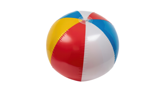 A vibrant, inflatable beach ball with red, yellow, blue, and white panels stands vertically, ready for summer fun and play. background removed - Powered by Adobe
