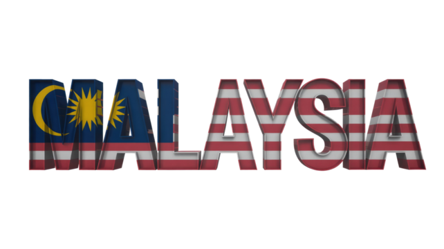 3D text 'MALAYSIA' featuring the vibrant Malaysian flag design. Patriotic rendering showcasing national pride with bold, textured letters. background removed