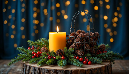 Yellow Candle with Pine Cones on Wood Slice and Festive Bokeh Lights