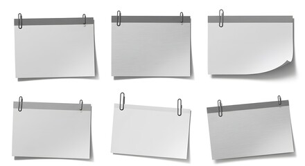 A realistic set of six blank white paper notes with gray headers, each attached with a metal paper clip. Isolated vector illustration for office reminders and memos