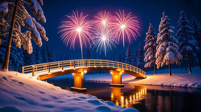 Snowy winter forest with illuminated bridge and colorful fireworks lighting up the night sky