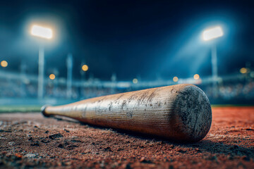 A well-used wooden baseball bat resting on the dirt of a floodlit baseball field during an intense night game with blurred stadium lights in the background