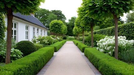 Obraz premium Formal garden pathway leading to a classic white house
