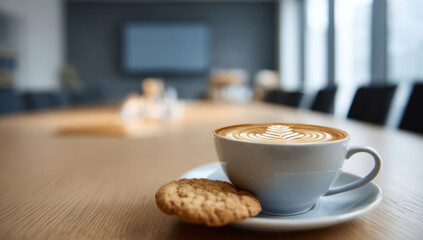 Cup of cappuccino with cookie sits on polished conference table in modern office, creating a warm and inviting atmosphere for business meetings.
