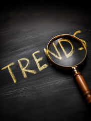 Magnifying glass highlighting the word "tend" written in chalk on a blackboard