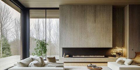 Modern interior design featuring a minimalist living room with a fireplace and large windows overlooking a serene landscape
