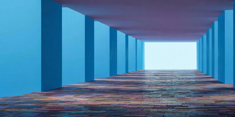 Vibrant blue corridor leading to a bright exit under a clear sky in a tranquil setting