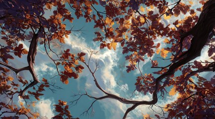View upwards through autumn trees to a cloudy, blue sky