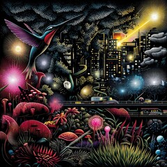 A hummingbird hovers in a vibrant, bioluminescent alien jungle with a futuristic city and a meteor streaking across the night sky.