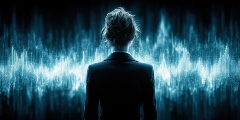 Double exposure of shadow of businesswoman and blue stock chart line.