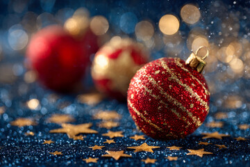 Festive red and gold decorative baubles resting on sparkling blue surface adorned with scattered golden stars for holiday celebration ambiance