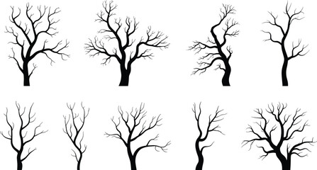 Collection of Black Vector Silhouettes of Dead Bare Trees Without Leaves Isolated on White Background for Winter, Nature, and Spooky Halloween Design Elements