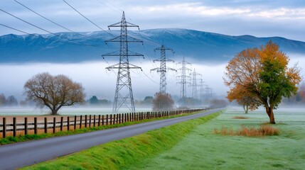 Obraz premium Power lines stretching through autumn foggy rural landscape