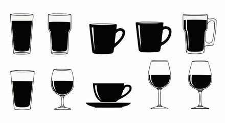 Collection of Various Drinkware Silhouettes Filled with Dark Liquid.