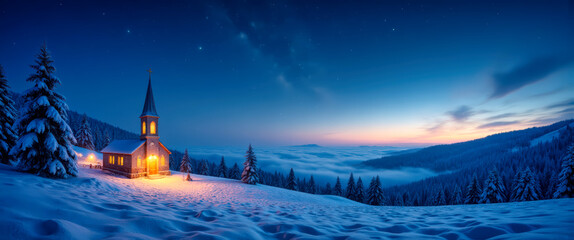 Snowy church glows warmly on hillside under starry blue Christmas sky, evoking themes of christmas, christianity, nativity, and jesus christ. Image provides serene and spiritual visuals,