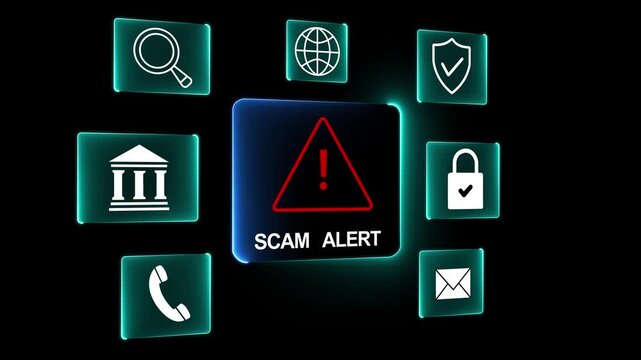 Scam alerts cybersecurity concepts on the transparent background. Fraud alerts with icons indicating online threats and cybersecurity unknown persons suspicious scammers fraud. 4k video