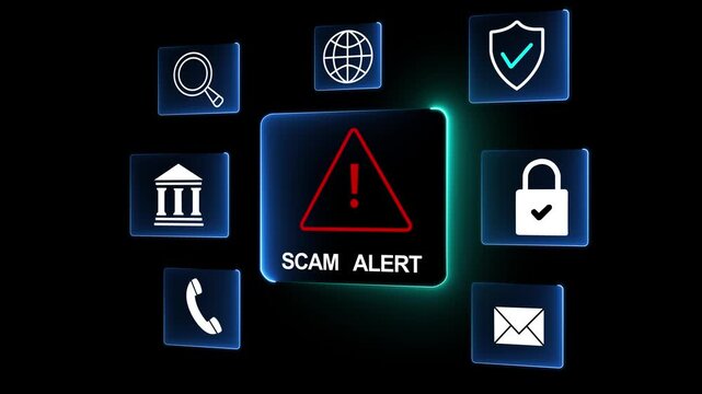 Scam alerts cybersecurity concepts on the transparent background. Fraud alerts with icons indicating online threats and cybersecurity unknown persons suspicious scammers fraud. 4k video