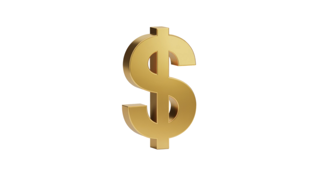 A radiant 3D golden dollar sign, symbolizing wealth and financial growth, isolated against a solid dark transparent background, perfect for monetary themes. background removed