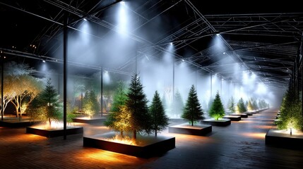 A long hallway inside a structure with trees planted in raised beds, illuminated by spotlights and fog.