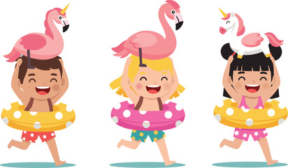 Cartoon children running with swim rings, summer pool toy illustration, playful beach clipart, cheerful vacation vector design set