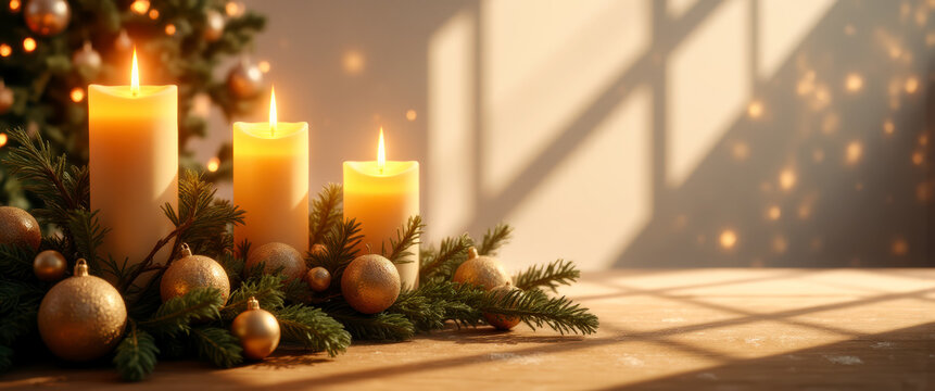 Glowing Advent candles illuminate pine branches and golden ornaments, radiating warmth with soft candlelight. Festive image evokes sense of peace,