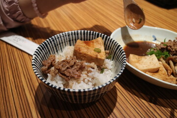 Bowl of Rice with Tofu and Beef