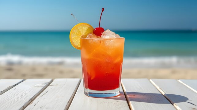 Refreshing Red Tropical Cocktail with Lime Cherry and Ice by the Ocean Poolside for Summer Vacation Relaxation