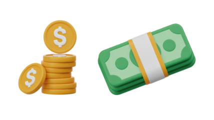 A 3D render featuring a stack of golden dollar coins and a bundled stack of green dollar bills, representing finance and wealth. background removed