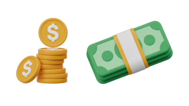 A 3D render featuring a stack of golden dollar coins and a bundled stack of green dollar bills, representing finance and wealth. background removed