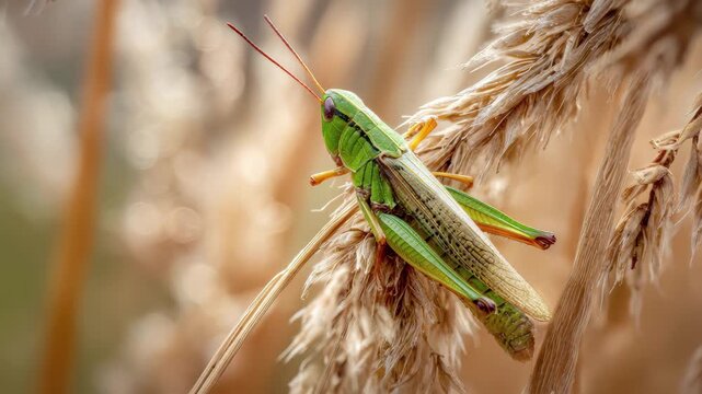 Grasshopper poised on wheat, a tiny world teeming with life in motion and natural wonder, 4K