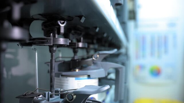 Close-up of an industrial paint mixing machine. Mechanical arms and nozzles dispense and blend paint inside a container, showing the automated mixing process.