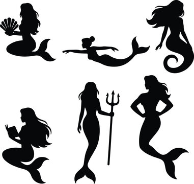 Silhouette of mermaids in expressive poses, reading, swimming, holding trident and seashells, black background, fantasy sea creatures, mythical illustration concept