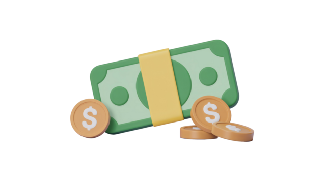 3D illustration of a stack of green dollar banknotes tied with a yellow band, surrounded by several gold dollar coins. background removed