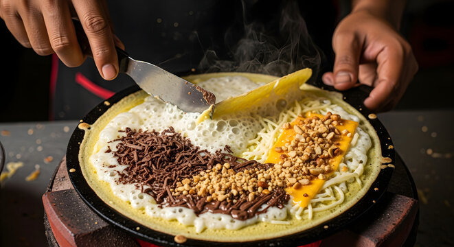 Close-up of a person's hands preparing a large sweet and savory crepe on a hot griddle, adding various toppings like chocolate, peanuts, cheese, and fruit.