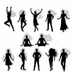 Silhouettes of Women with Flowing Hair in Various Poses.
