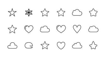 Collection of minimalistic linear icons featuring stars clouds and hearts on white background