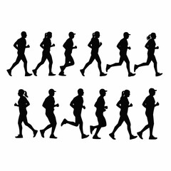 Set of diverse runners in silhouette demonstrating various running poses.
