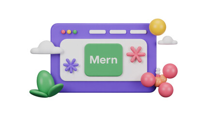 A vibrant 3D illustration of a web browser featuring 'Mern' text, representing modern web development and the MERN stack. background removed