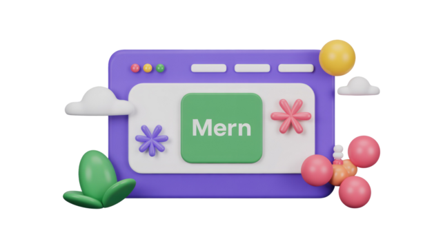 A vibrant 3D illustration of a web browser featuring 'Mern' text, representing modern web development and the MERN stack. background removed