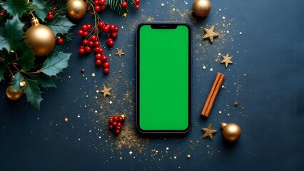 Green screen smartphone screenshot on Christmas Background