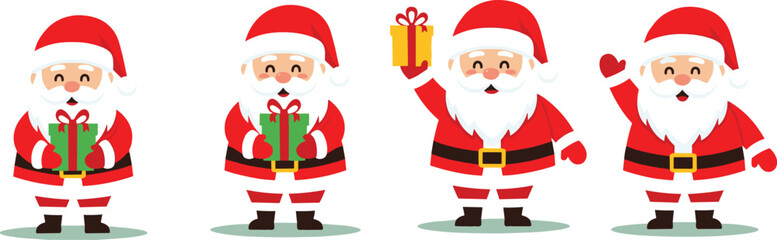 Cartoon Santa Claus illustration set, festive Christmas clipart, gift box poses, cheerful holiday character vector, seasonal design pack