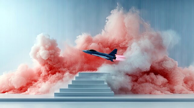A dark blue jet fighter plane with pink exhaust flames soars through voluminous pink and white smoke clouds, positioned above a modern, minimalist staircase.